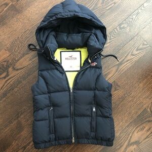Vintage Y2K Hollister Navy Puffer Vest Removable Hood Zipper Pockets Outdoor